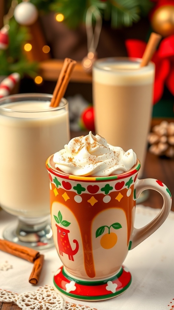 Mexican hot chocolate in a colorful mug and horchata in a glass with cinnamon stick, set against a festive backdrop.